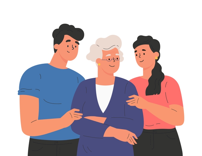 Illustration of brother and daughter holding their mom.