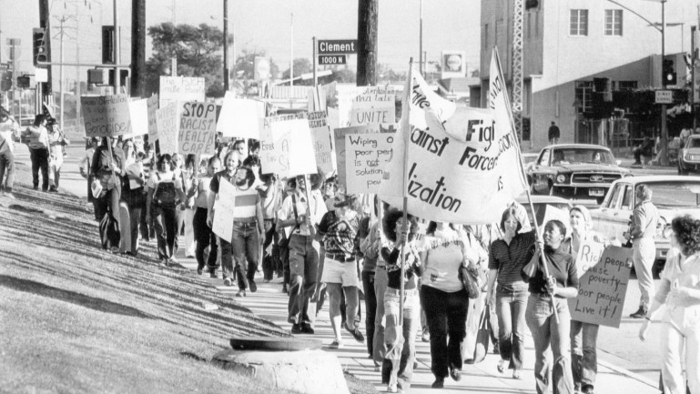 Photo of a 1974 protest against forced sterilization. (Los Angeles Times)