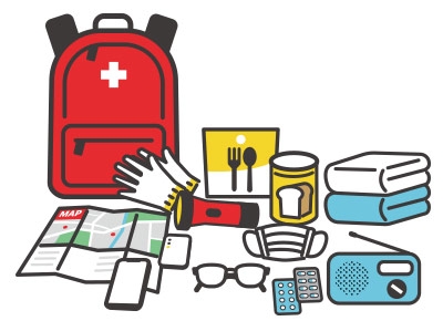 Illustration of disaster prevention goods / emergency goods / disaster prevention supplies / carry-out bag