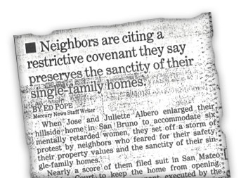 Newspaper clipping of story about biased homeowners in San Mateo filing a lawsuit