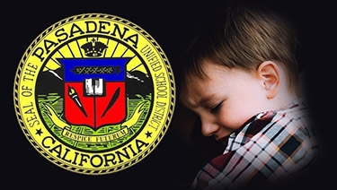 Logo for Pasadena Unified School District next to a boy looking sad and frustrated.