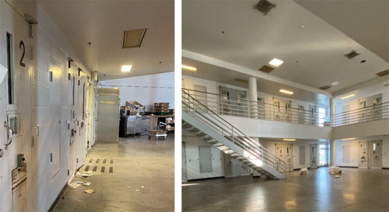 Photo Left: Administrative Segregation / Disciplinary Isolation Photo Right: Dayroom/Tier Space with debris and open trash bags