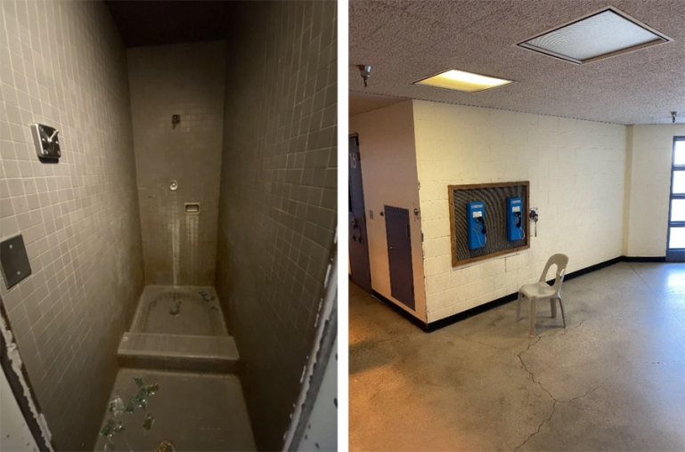 Left Photo: Non-ADA Shower in AS7 with trash Right Photo: Inaccessible Phones in Medical Housing
