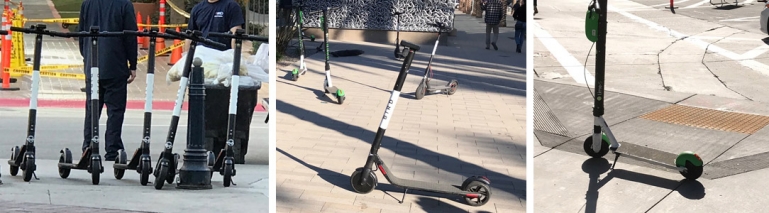 Three photos of scooters on city sidewalks blocking accessibility