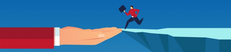 A vivid image of a guy leaping off a cliff and landing on a huge hand.