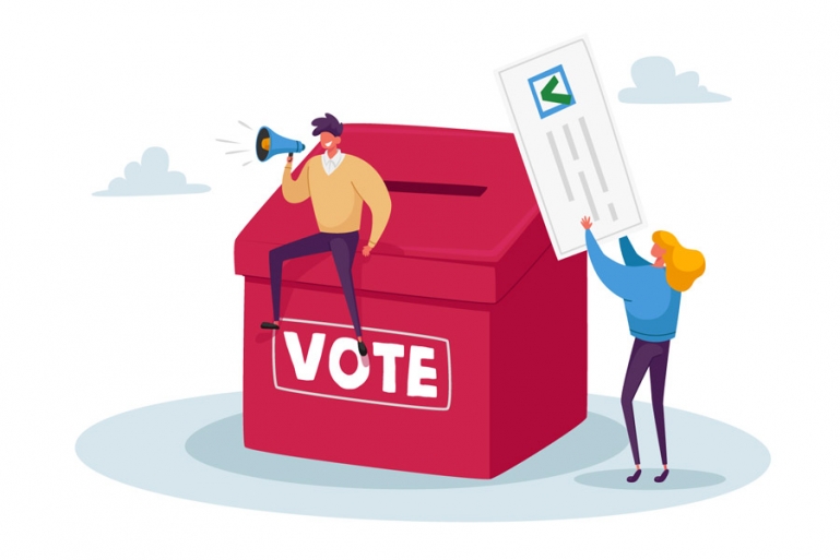 Illustration of a person sitting on top of a ballot box shouting through a megaphone.