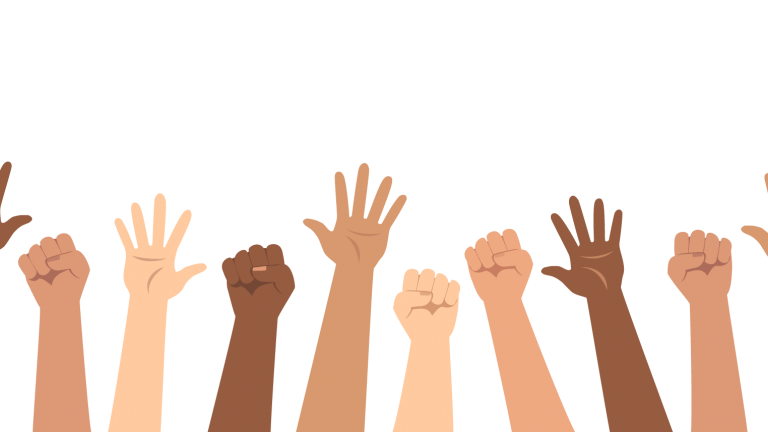 A graphic illustration of Black American hands raised in Support of black disabled rights.