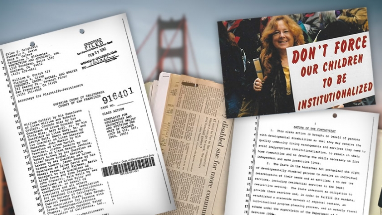 Photos of Colfelt vs DDS Court case papers. Small image of Goldblat holding a sign saying - Don't force our children to be institutionalized. Photos of Colfelt vs DDS Court case papers. Small image of Goldblat holding a sign saying - Don't force our children to be institutionalized.