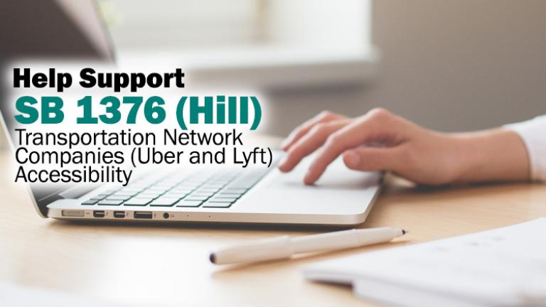Help Support SB 1376 (Hill) - Transportation Network Companies (Uber and Lyft) Accessibility - Closeup photo of a woman's hand typing on a laptop computer.