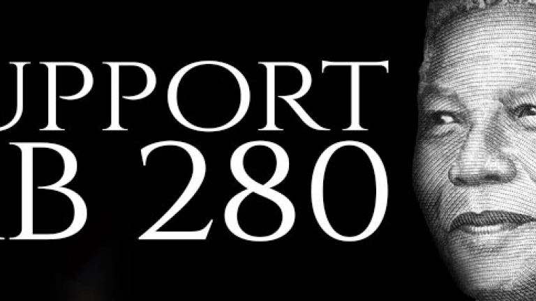 Image of Nelson Mandela's face. Text: Support AB280